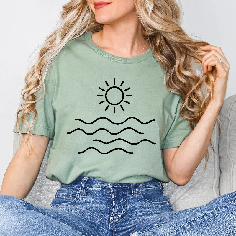 Sun Over Ocean | Short Sleeve Graphic Tee Notch Collar Peter Pan Collar Cowl Neck
