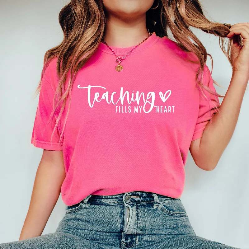 Teaching Fills My Heart Cursive | Garment Dyed Short Sleeve Tee Chenille Blend Fleece Blend Nylon Blend