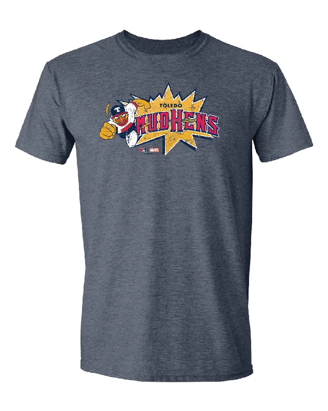 Toledo Mud Hens Marvel's Defenders of the Diamond Adult Burst T-Shirt Asymmetrical Pockets Print