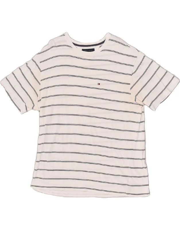 TOMMY HILFIGER Womens T-Shirt Top UK 18 XL White Striped Cotton Zippered Front Buttoned Front Snap Front