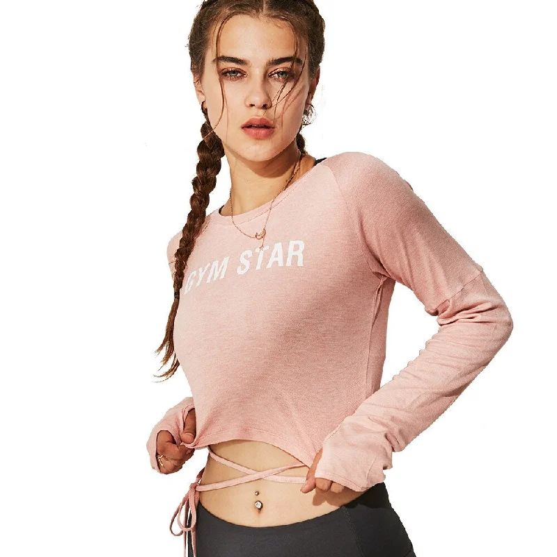 UA ROCK Sexy Waistband Yoga shirt Women Fitness Long Sleeves Workout Gym crop top yoga top with Thumb Holes Sports t-shirt Mesh Fabric Canvas Fabric Denim Fabric