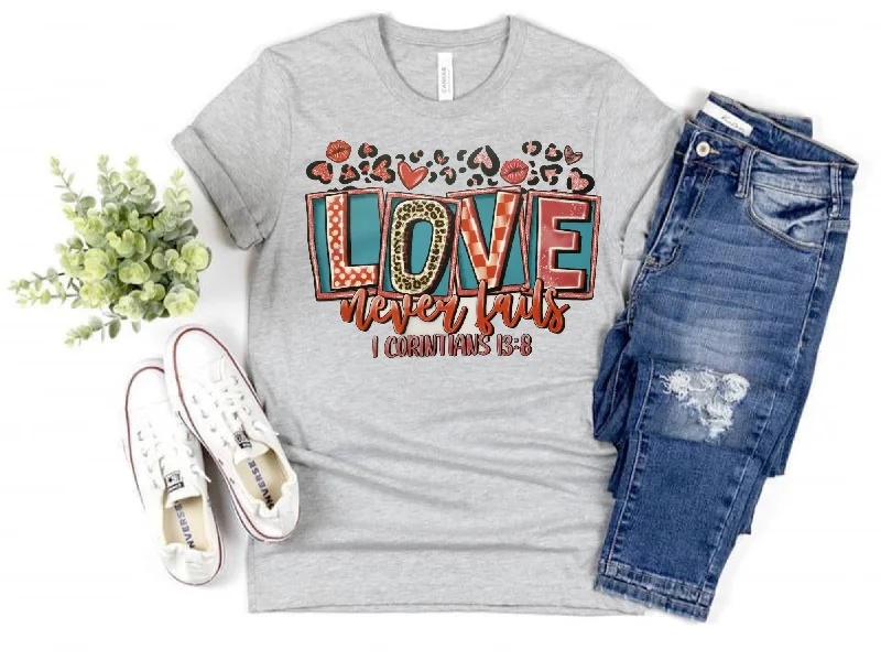 Valentine's Day Tee Love Never Fails Mesh Fabric Canvas Fabric Denim Fabric