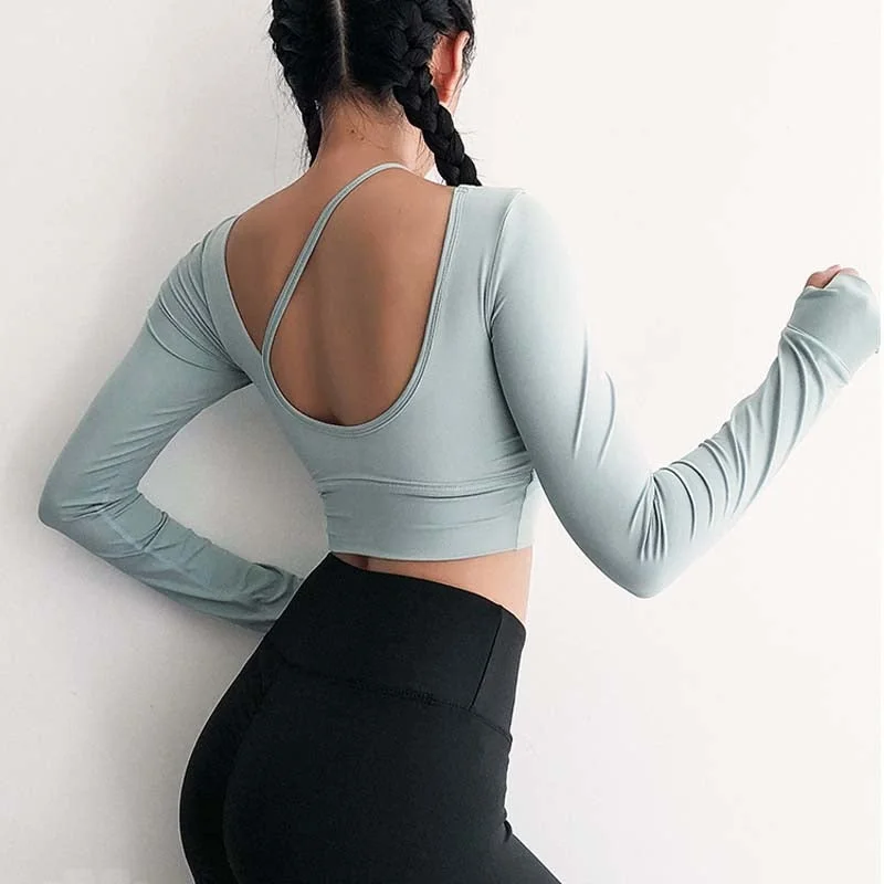 Women long sleeve Midriff  Sexy Sports T-shirt running clothing fitness shirt  training yoga Top  pad  gym top workout Lace Blend Ribbed Blend Corduroy Blend