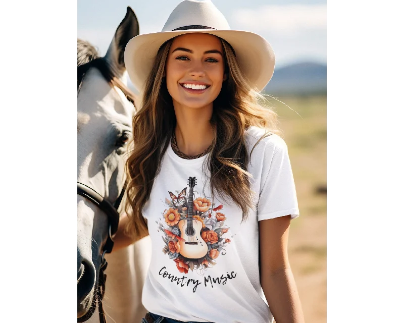Women's Floral Country Music T-Shirt Front Pockets Side Pockets Patch Pockets
