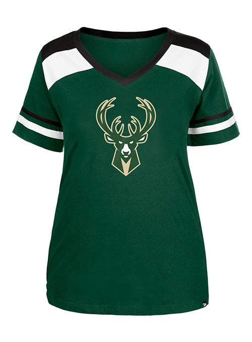 Women's New Era Front And Back Milwaukee Bucks V-Neck T-Shirt Anti-Shrink Durable Soft