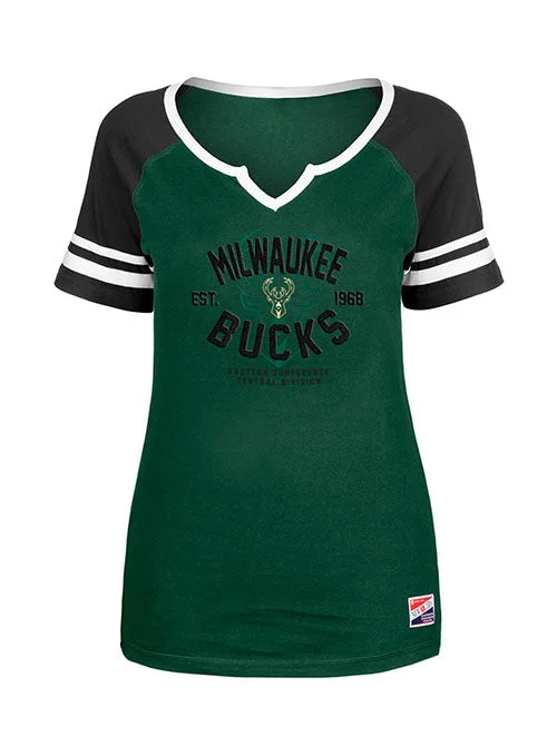 Women's New Era Notch Raglan Milwaukee Bucks V-Neck T-Shirt Handmade Hand-knitted Hand-woven