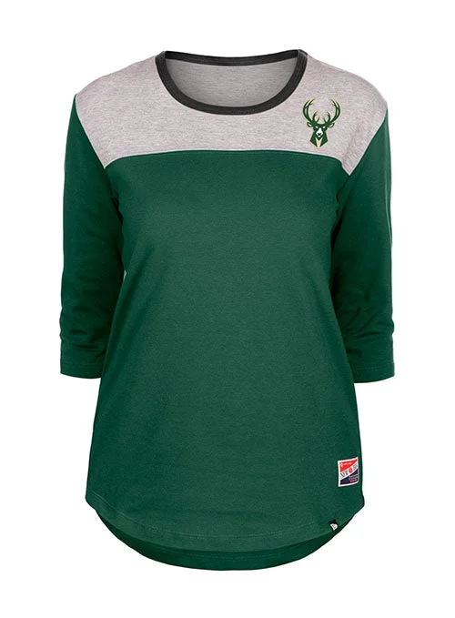 Women's New Era Throwback Milwaukee Bucks 3/4 Sleeve T-Shirt Graphic Embroidered Appliqued