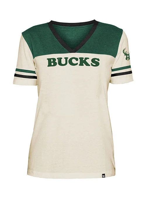 Women's New Era Throwback Milwaukee Bucks V-Neck T-Shirt Zippered Front Buttoned Front Snap Front