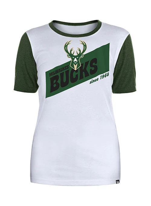 Women's New Era Throwback Slanted Milwaukee Bucks T-Shirt Print Jacquard Patchwork