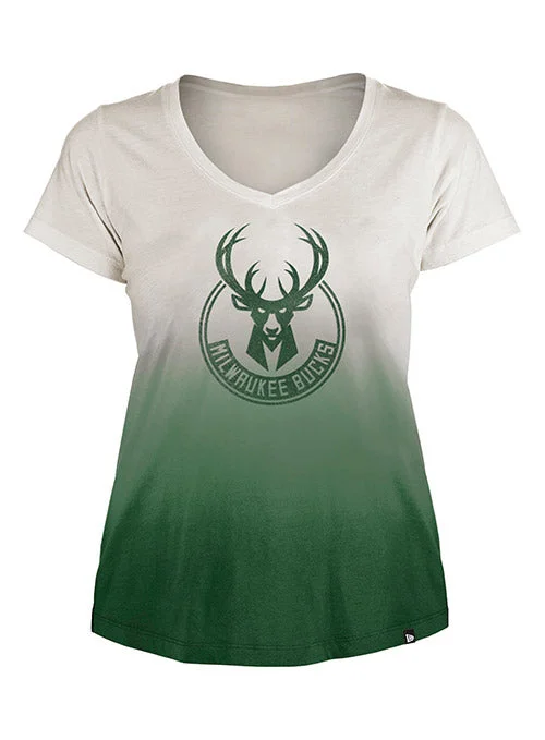 Women's New Era Throwback Dipped Milwaukee Bucks V-Neck T-Shirt Wool Fabric Cashmere Fabric Tweed Fabric