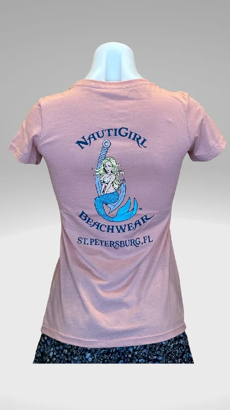 Women's Short Sleeve T-Shirt - Desert Pink - Kaia Logo - Blue Text Spandex Blend Rayon Blend Denim Blend