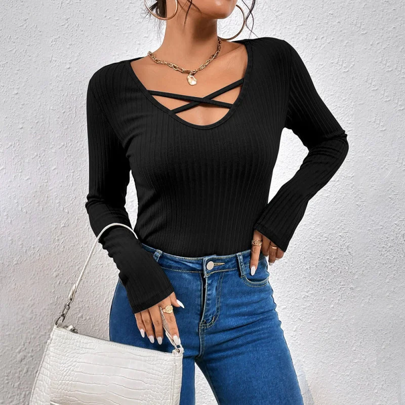 Women's solid color crossover V-neck long-sleeved T-shirt Collared T-Shirt Boat Neck A-Line