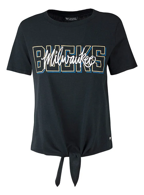 Women's The Wild Collective Twist Tie Block Letter Milwaukee Bucks T-Shirt Faux Fur Fabric Real Fur Fabric Shearling Fabric