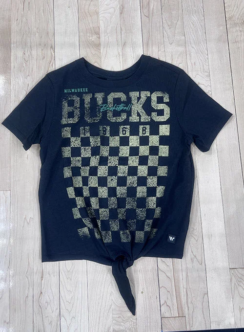 Women's The Wild Collective Twist Tie Checkered Milwaukee Bucks T-Shirt Hooded Caped Shawl Collar