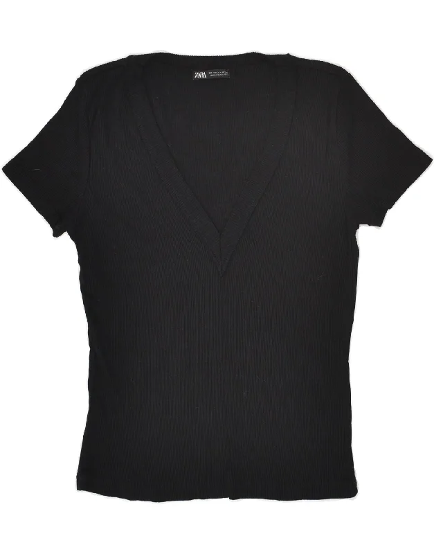 ZARA Womens T-Shirt Top UK 14 Medium Black Cotton Chenille Blend Fleece Blend Nylon Blend