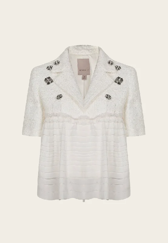 White Patchwork Rhinestone Embellished Tweed Chiffon Jacket Striped Jacket Polka Dot Jacket Floral Jacket