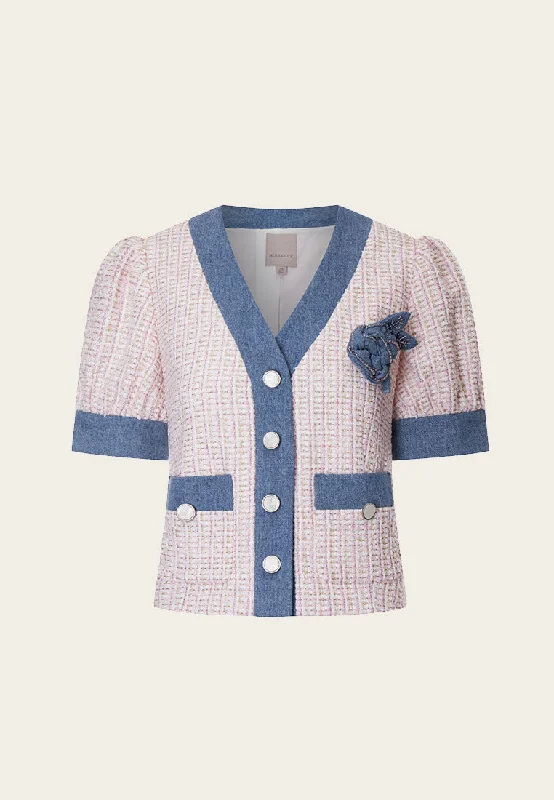 Denim-Detailing Puff Sleeve Tweed Jacket Embroidered Jacket Appliqued Jacket Beaded Jacket