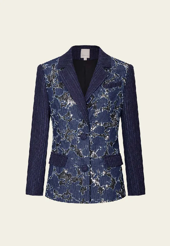 Reconstructed Denim Lace-detailing Lapel Jacket Mesh Jacket Canvas Jacket Denim Jacket