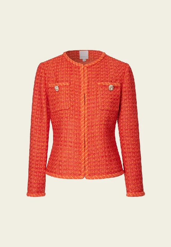 Orange Golden Button Embellished Tweed Jacket Bomber Jacket Anorak Windbreaker