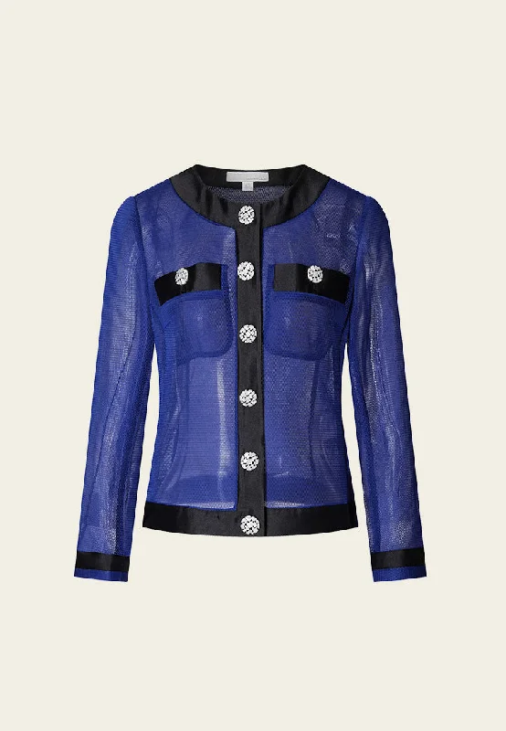 Rhinestone Embellished Mesh and Chiffon Patchwork Jacket Trench Coat Raincoat Waterproof Jacket