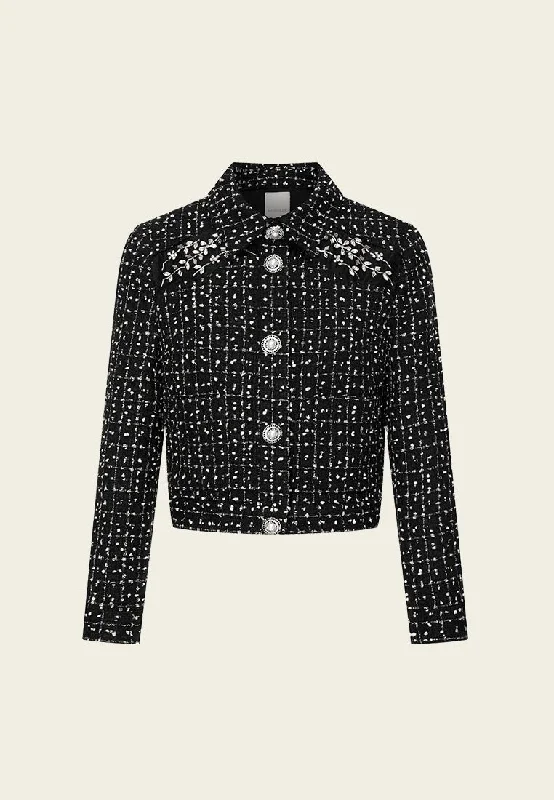 Black Tweed Plaid Lapel Jacket Hoodie Zip-Up Jacket Button-Up Jacket