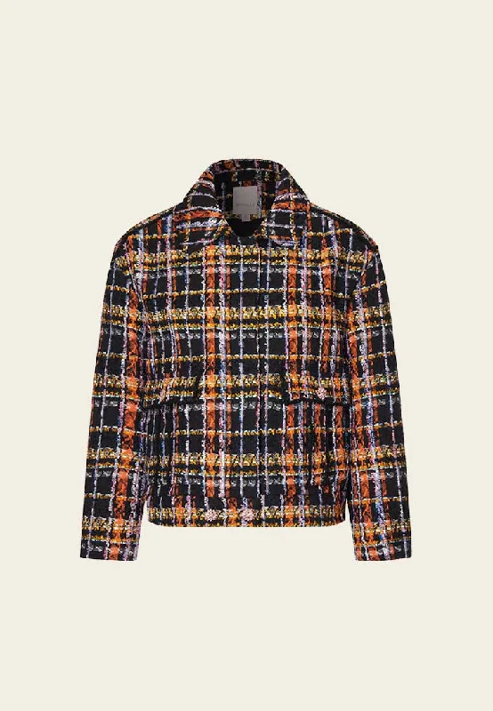 Orange Plaid Tweed Short Jacket with Collar Cotton Fabric Linen Fabric Terry Fabric