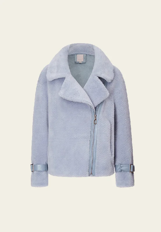 Light Blue Wool Shearling Biker Jacket Chenille Fabric Brocade Fabric Lace Fabric