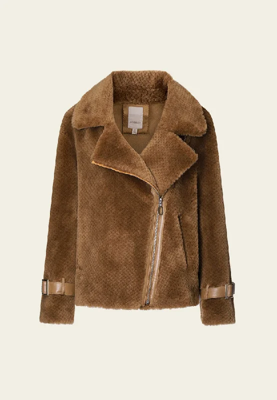 Dark Brown Wool Shearling Biker Jacket Rayon Fabric Velvet Fabric Corduroy Fabric