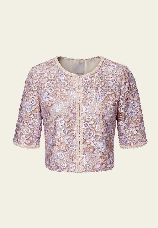 Pink Lace Mid-sleeves Crop Jacket Front Pockets Side Pockets Patch Pockets