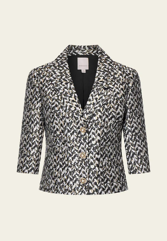 Black Lapel Jacquard Cropped Jacket Denim Fabric Leather Fabric Suede Fabric