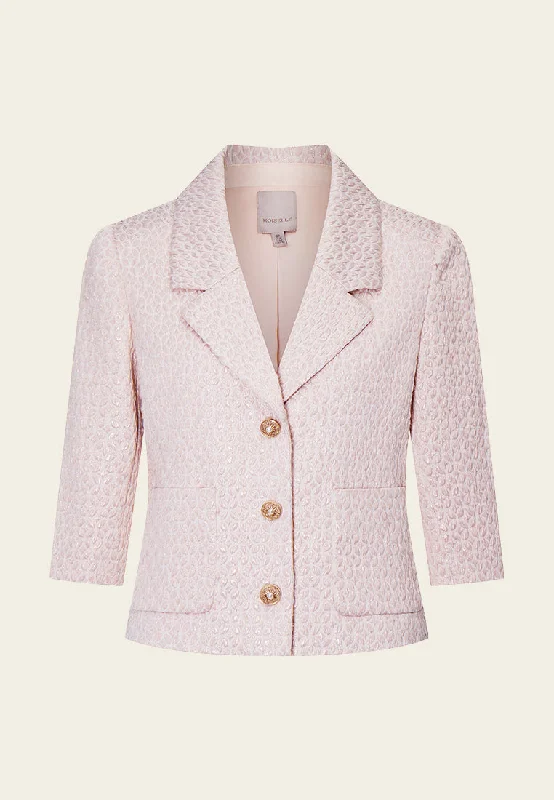 Pink Lapel Jacquard Cropped Jacket Wool Fabric Cashmere Fabric Tweed Fabric
