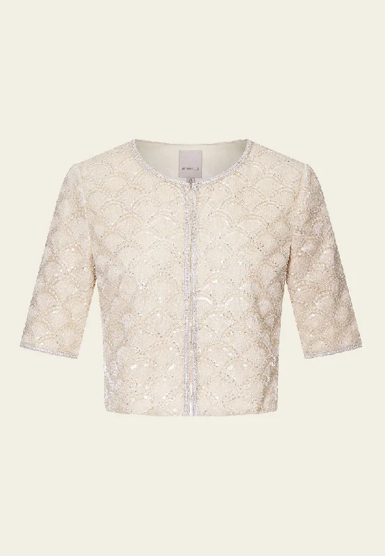 Beige Embroidered Mesh Mid-sleeves Crop Jacket Knit Fabric Woven Fabric Fleece Fabric