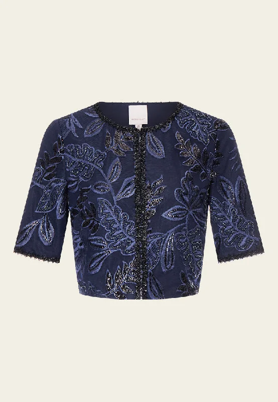 Dark Blue Embroidered Mesh Mid-sleeves Crop Jacket Welt Pockets Slit Pockets Flap Pockets