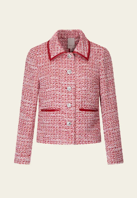 Red Leather-trimmed Collar Tweed Jacket Zippered Front Buttoned Front Snap Front