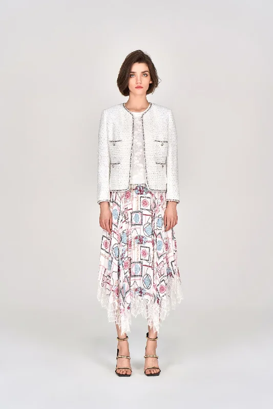 White Lurex Lightweight Tweed Jacket Ribbed Jacket Pleated Jacket Ruffled Jacket