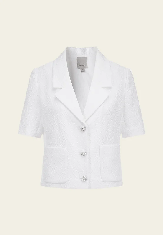 White Lapel Jacquard Cropped Jacket Snapped Jacket Toggled Jacket Drawstring Jacket