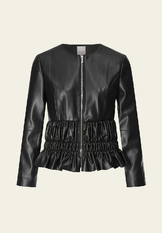 Black Leather Zip-up Jacket A-Line Jacket Boat Neck Shawl Collar