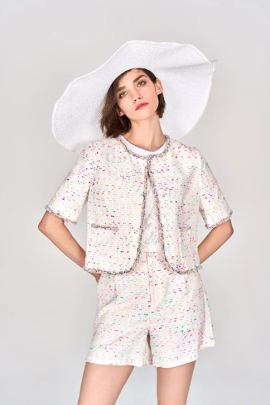 Candy White Tweed Short Sleeves Jacket Tiered Jacket Buttoned Jacket Zippered Jacket