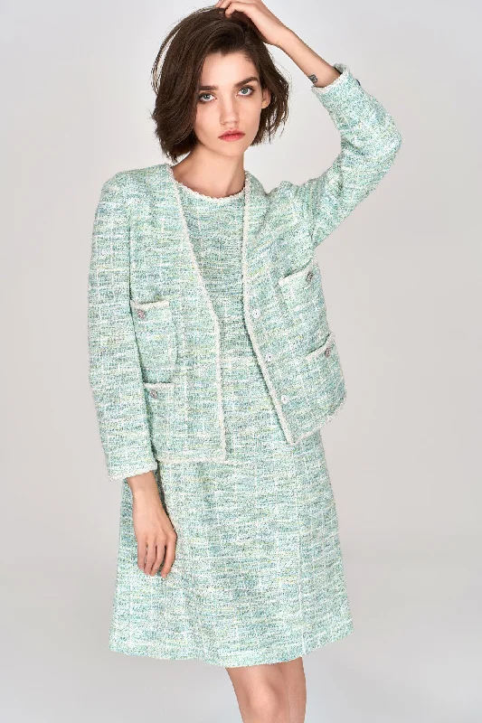 Mint Green V-neck Stretch Tweed Jacket Mesh Jacket Canvas Jacket Denim Jacket