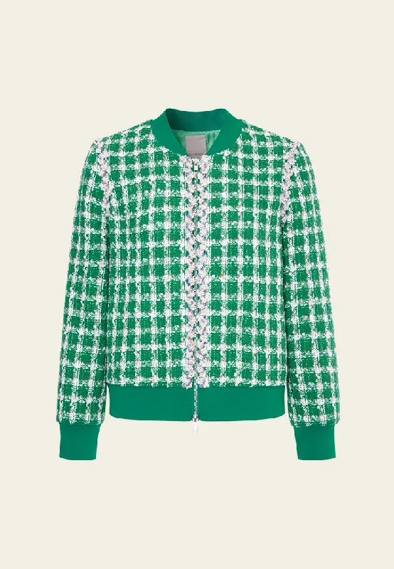 Emerald Green Check Tweed Bomber Jacket Appliqued Jacket Beaded Jacket Sequined Jacket