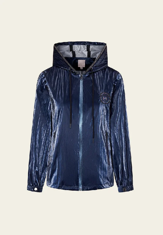 Dark Blue Hooded Windbreaker Jacket Satin Jacket Silk Jacket Chiffon Jacket