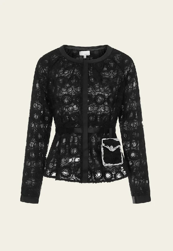 Black Lace Slim Waist Jacket Fleece Jacket Down Jacket Feather Jacket