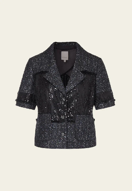 Black Shimmer Short Sleeves Tweed Jacket Faux Fur Jacket Real Fur Jacket Shearling Jacket