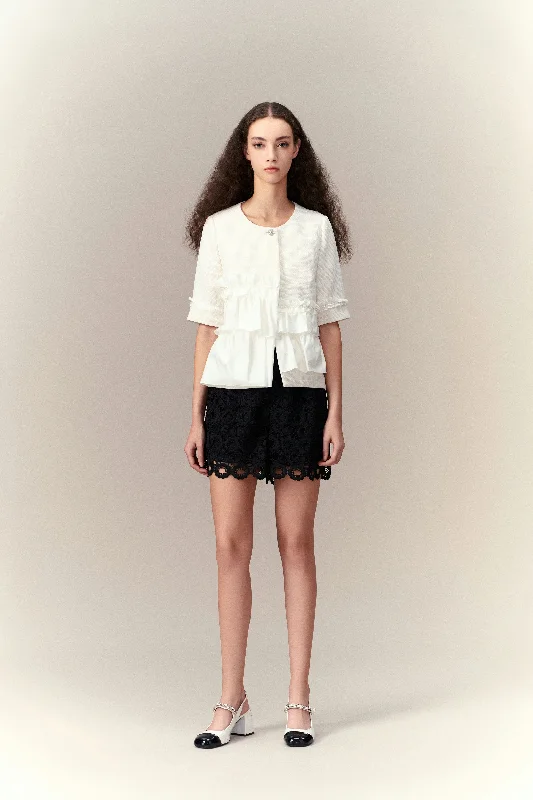Asymmetric Ruffle-detail Jacket Front Pockets Side Pockets Patch Pockets