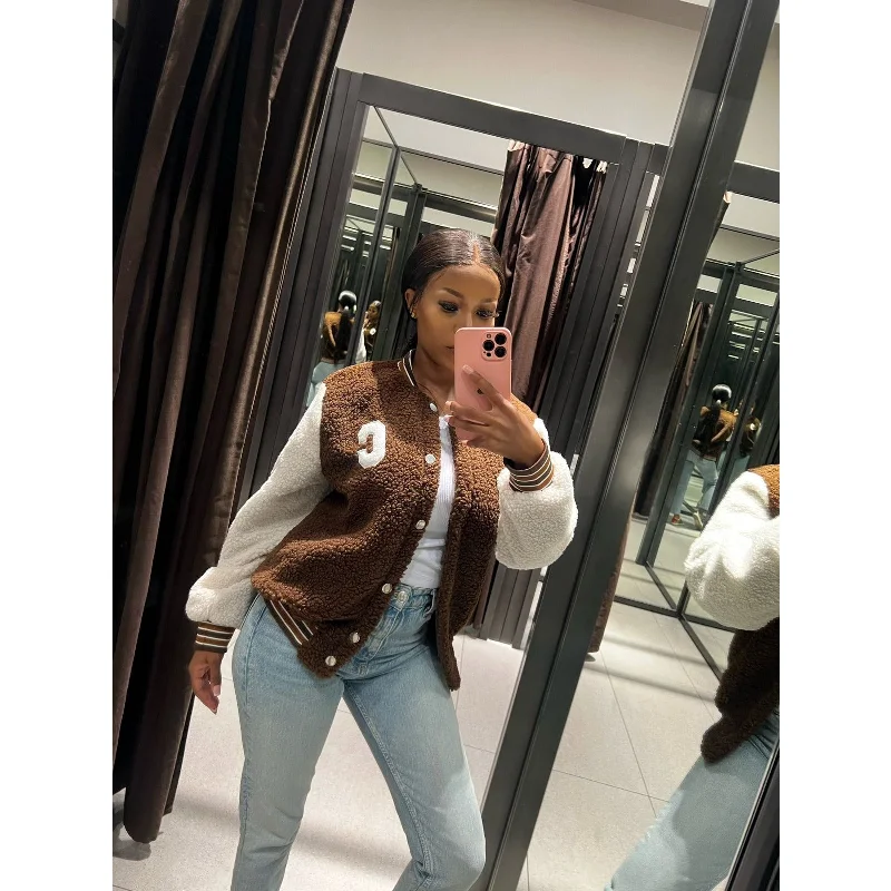 Casual Baseball Jacket Front Pockets Side Pockets Patch Pockets
