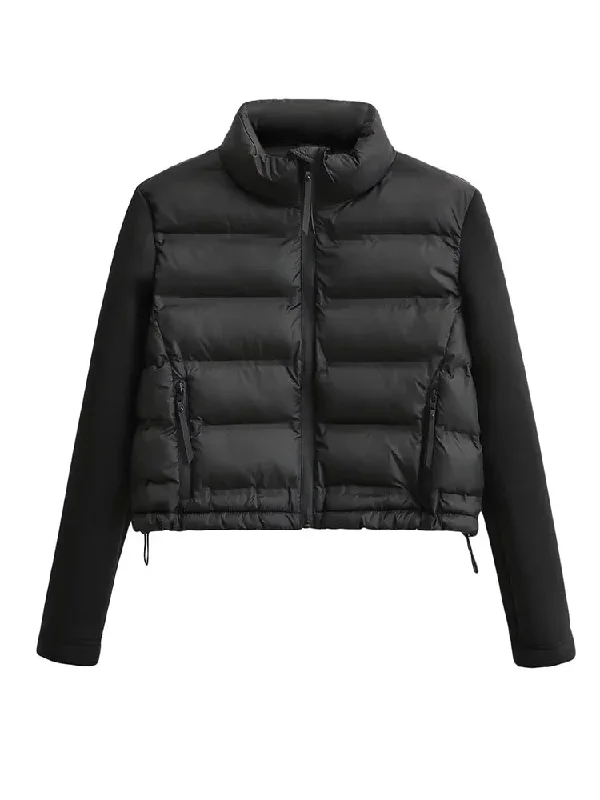 Black Spliced Short Puffer Jacket for Women Print Jacket Jacquard Jacket Patchwork Jacket Black Spliced Short Puffer Jacket for Women Print Jacket Jacquard Jacket Patchwork Jacket