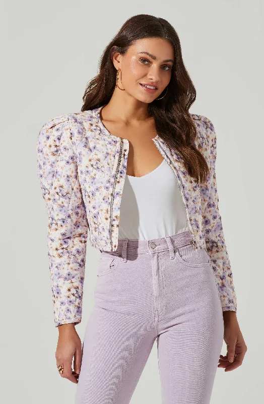 Brea Floral Quilted Cropped Puff Sleeve Jacket V-Neck Jacket Boat Neck Jacket Square Neck Jacket