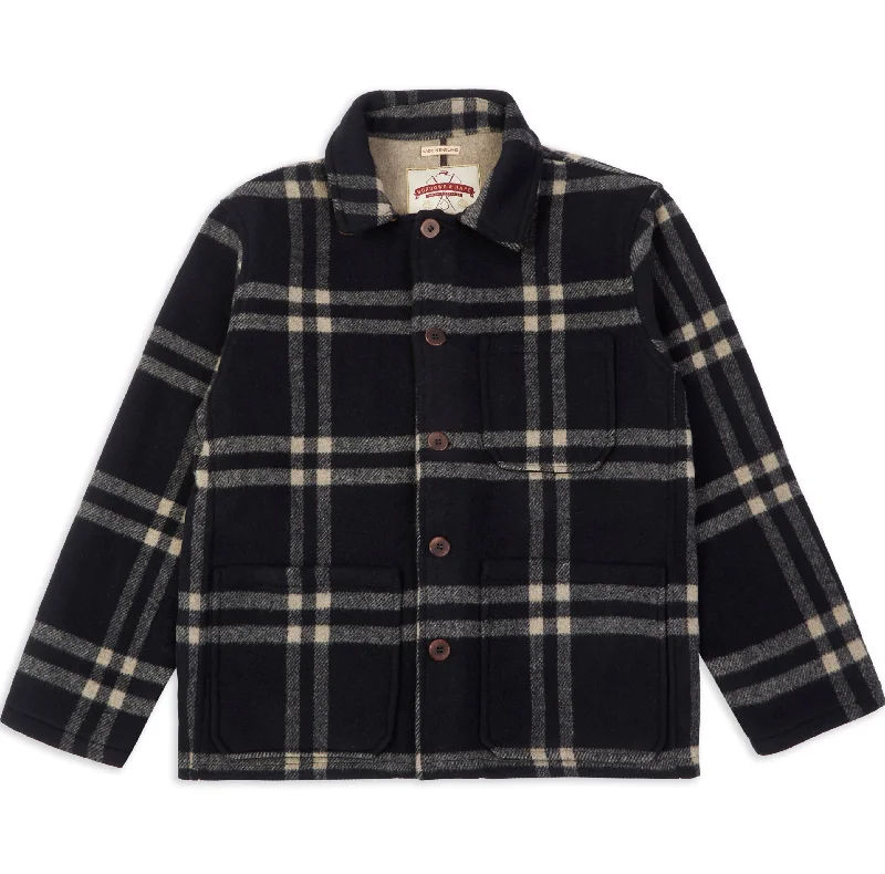 Wool Workwear Jacket - Navy Check Stand-Up Collar Roll-Neck Collar Turtle Neck