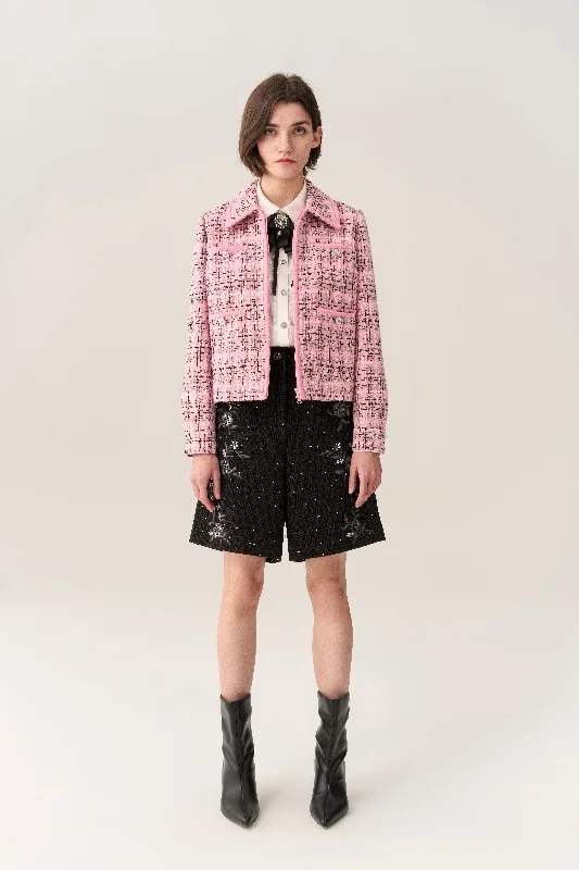 Check Two-way Zipper Tweed Jacket Zippered Front Buttoned Front Snap Front