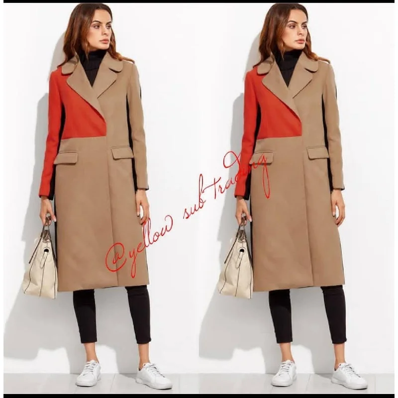 Colour Block Long Jacket  Cotton Fabric Linen Fabric Terry Fabric
